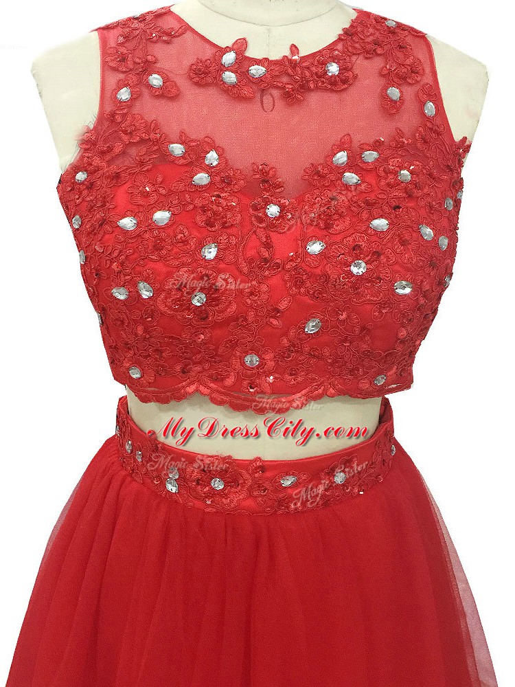 Red Zipper Prom Dresses Beading and Appliques Sleeveless Sweep Train