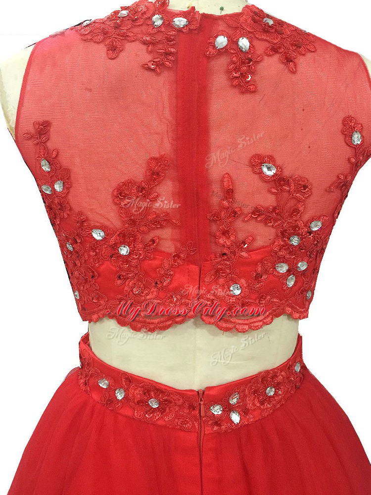 Red Zipper Prom Dresses Beading and Appliques Sleeveless Sweep Train