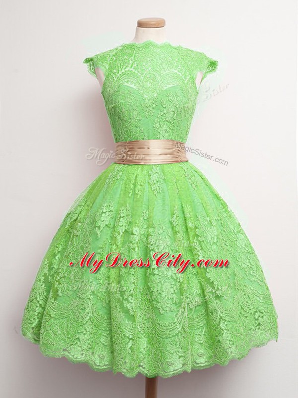 Deluxe Green Ball Gowns Belt Dama Dress Lace Up Lace Cap Sleeves Knee Length