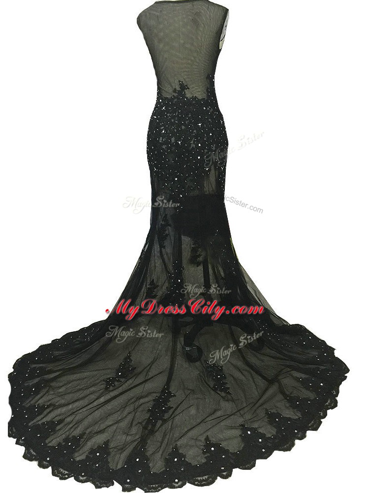 Brush Train Mermaid Mother Dresses Black Scoop Tulle Sleeveless Side Zipper