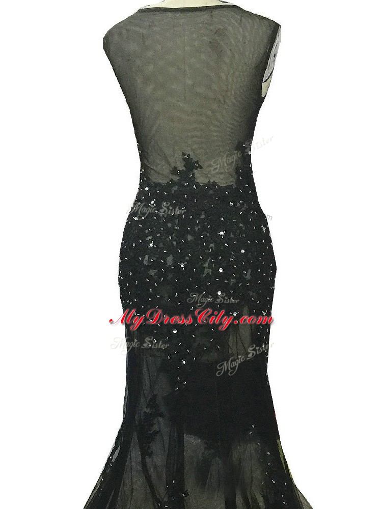 Brush Train Mermaid Mother Dresses Black Scoop Tulle Sleeveless Side Zipper