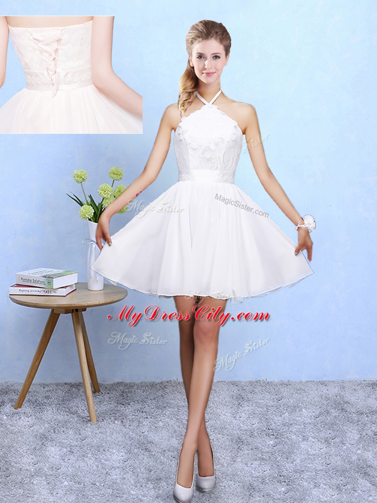 Flirting White Sleeveless Mini Length Lace and Appliques Lace Up Vestidos de Damas