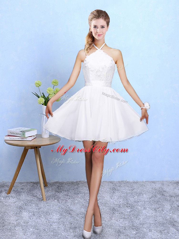 Flirting White Sleeveless Mini Length Lace and Appliques Lace Up Vestidos de Damas