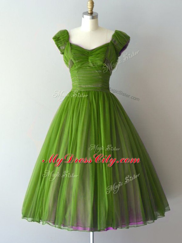 Exquisite Cap Sleeves Knee Length Ruching Zipper Quinceanera Court Dresses with Green