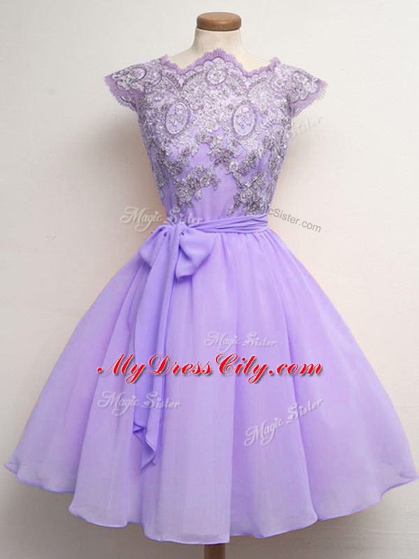 Fabulous Lavender Cap Sleeves Lace and Belt Knee Length Damas Dress