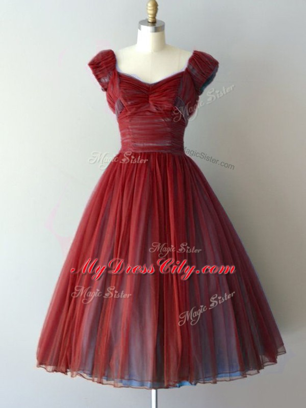 Knee Length Lace Up Bridesmaids Dress Rust Red for Prom and Party and Military Ball and Sweet 16 with Ruching