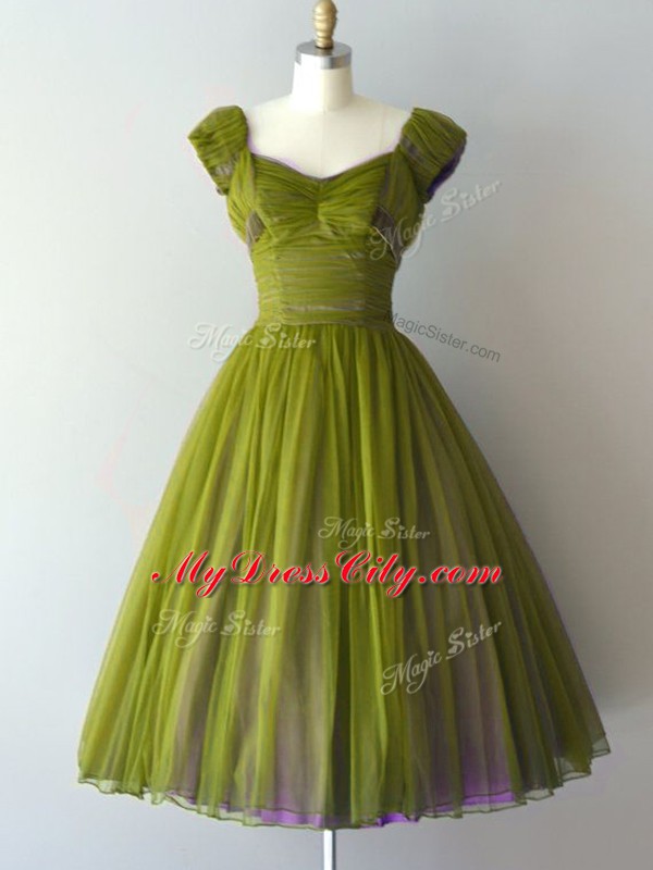 Olive Green A-line V-neck Cap Sleeves Chiffon Knee Length Lace Up Ruching Damas Dress