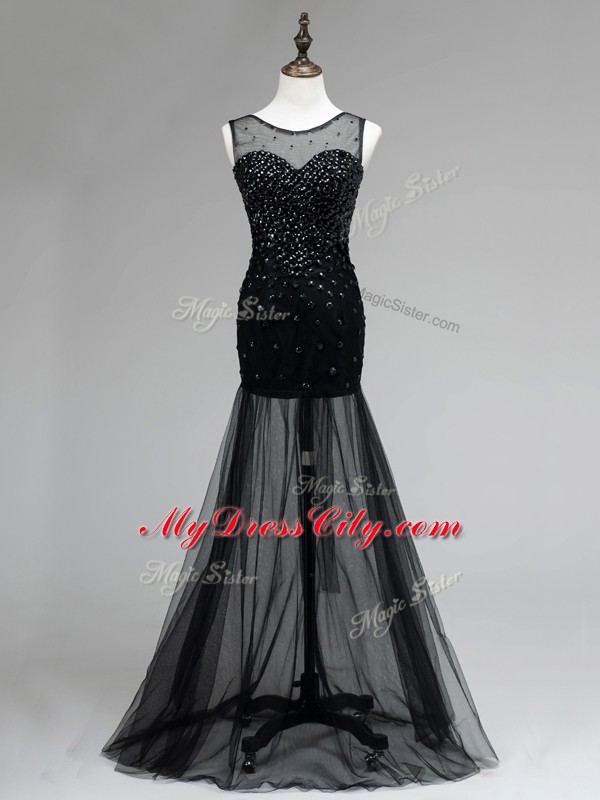 Black Sleeveless Floor Length Beading Backless Prom Party Dress