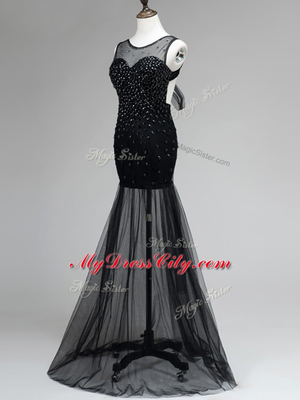 Black Sleeveless Floor Length Beading Backless Prom Party Dress