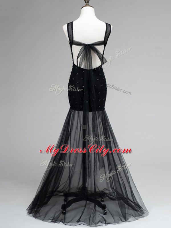 Black Sleeveless Floor Length Beading Backless Prom Party Dress