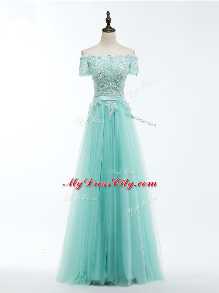 Apple Green Short Sleeves Lace and Appliques Floor Length Evening Dress