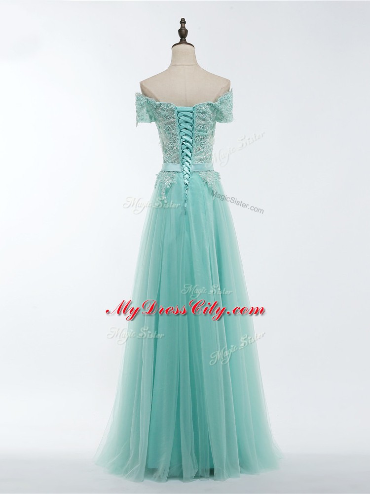 Apple Green Short Sleeves Lace and Appliques Floor Length Evening Dress