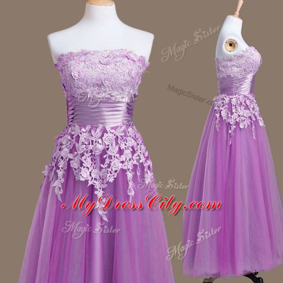 Pretty Tea Length Lace Up Wedding Guest Dresses Purple for Prom and Party and Wedding Party with Appliques