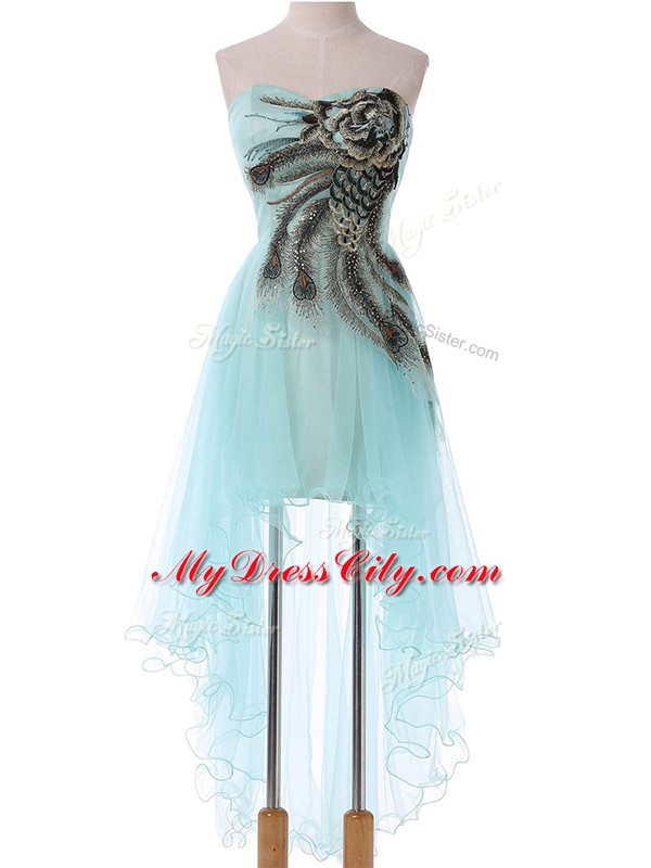 High Low Aqua Blue Evening Dress Tulle Sleeveless Appliques