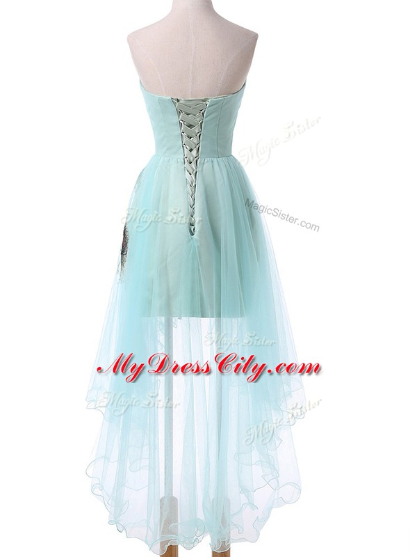 High Low Aqua Blue Evening Dress Tulle Sleeveless Appliques