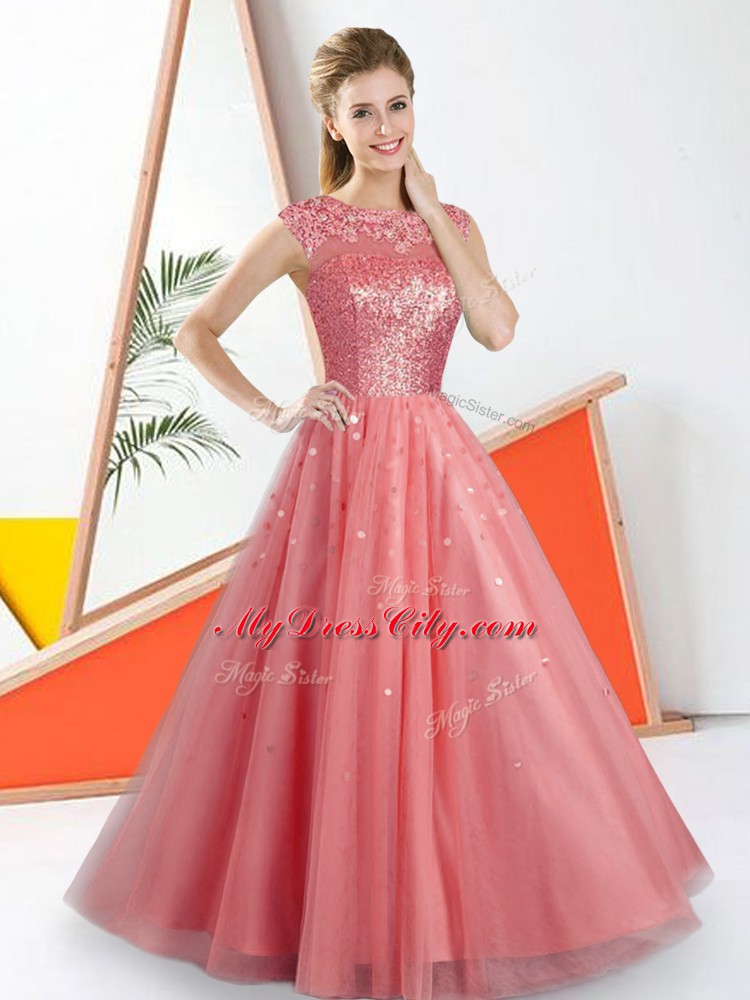 Bateau Sleeveless Quinceanera Court of Honor Dress Floor Length Beading and Lace Watermelon Red Tulle