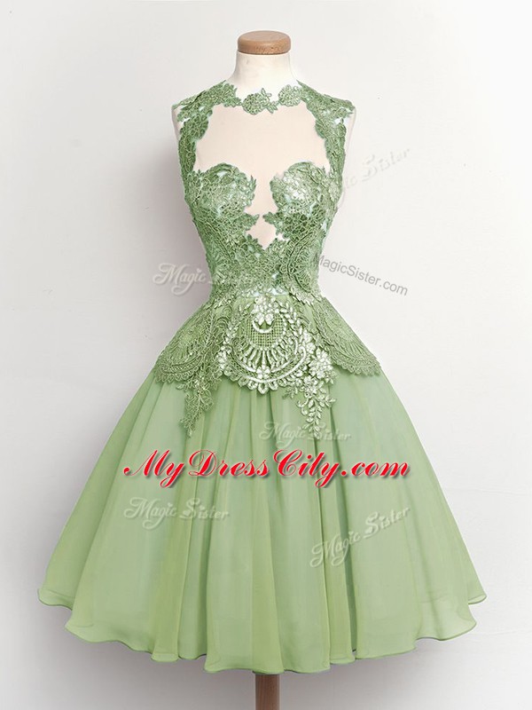 Fine Knee Length Green Wedding Party Dress Chiffon Sleeveless Lace