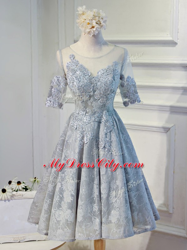 Decent Grey Prom Evening Gown Prom and Party and Sweet 16 with Lace and Appliques Scoop Half Sleeves Lace Up