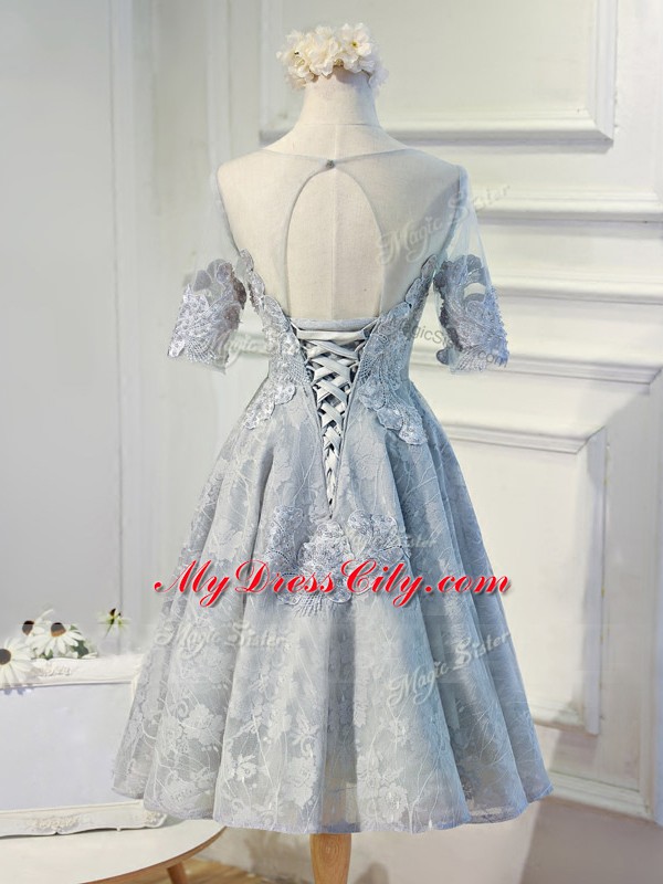 Decent Grey Prom Evening Gown Prom and Party and Sweet 16 with Lace and Appliques Scoop Half Sleeves Lace Up