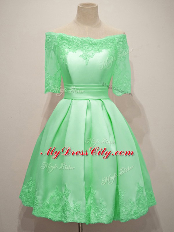 Fantastic Apple Green Half Sleeves Lace Knee Length Bridesmaid Gown