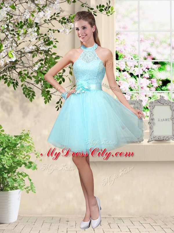 Aqua Blue Sleeveless Knee Length Lace and Belt Lace Up Quinceanera Dama Dress