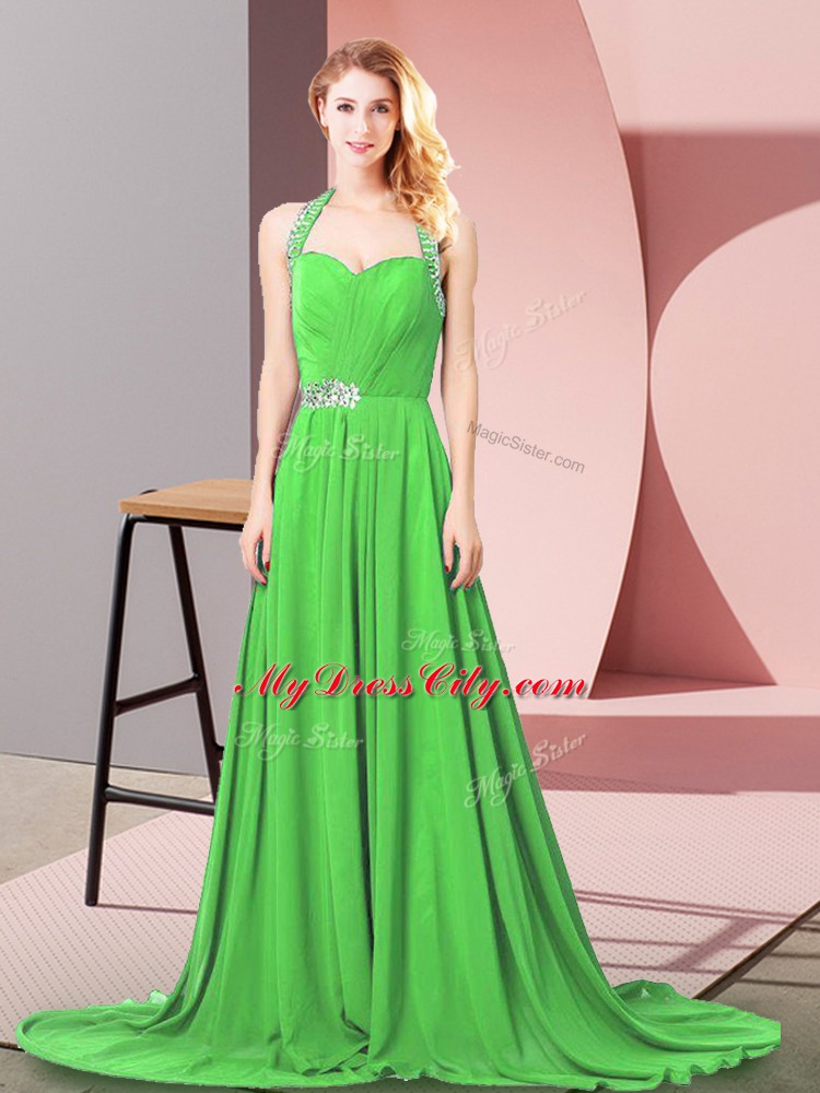 Fancy Chiffon Halter Top Sleeveless Brush Train Zipper Beading and Ruching Homecoming Dress in