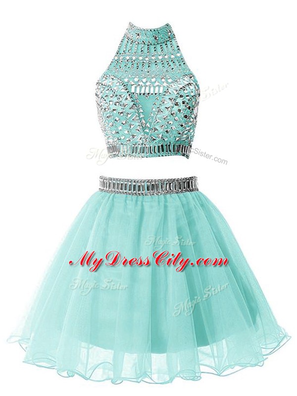 Light Blue A-line Organza High-neck Sleeveless Beading Knee Length Zipper Damas Dress