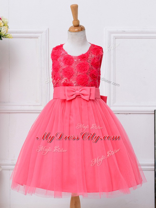 Hot Pink Ball Gowns Bowknot Juniors Party Dress Lace Up Tulle Sleeveless Knee Length