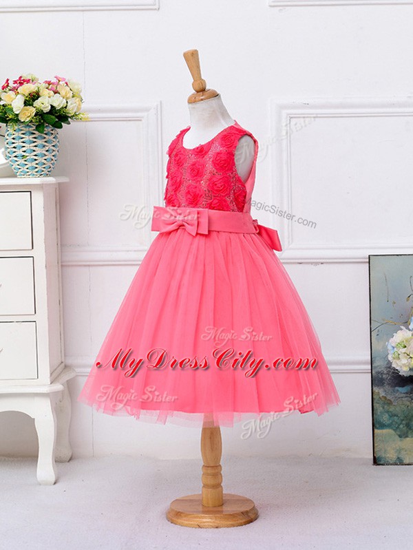 Hot Pink Ball Gowns Bowknot Juniors Party Dress Lace Up Tulle Sleeveless Knee Length