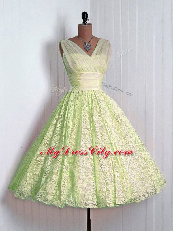 Latest Mini Length A-line Sleeveless Yellow Green Damas Dress Lace Up