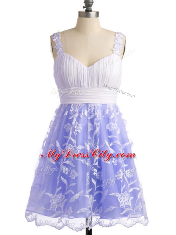 Unique Sleeveless Knee Length Lace Lace Up Bridesmaid Dress with Lavender