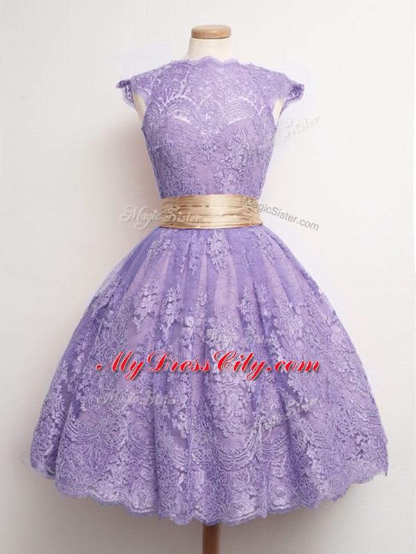 Lavender Cap Sleeves Belt Knee Length Court Dresses for Sweet 16