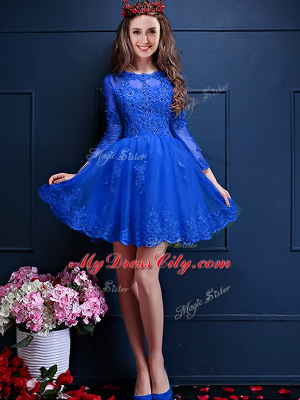 High Quality Royal Blue 3 4 Length Sleeve Mini Length Beading and Lace and Appliques Lace Up Quinceanera Court of Honor Dress