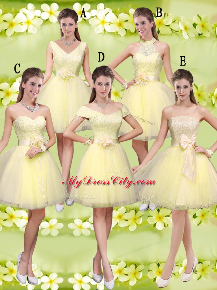 Light Yellow Bridesmaid Dresses Prom and Party with Lace and Belt V-neck Sleeveless Lace Up