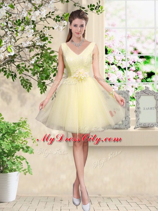 Light Yellow Bridesmaid Dresses Prom and Party with Lace and Belt V-neck Sleeveless Lace Up