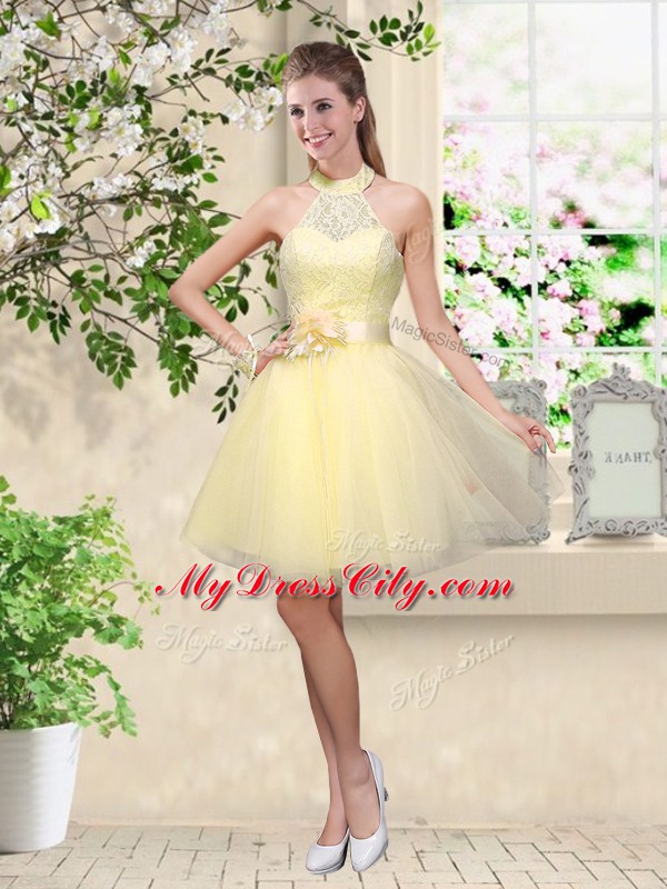 Light Yellow Bridesmaid Dresses Prom and Party with Lace and Belt V-neck Sleeveless Lace Up