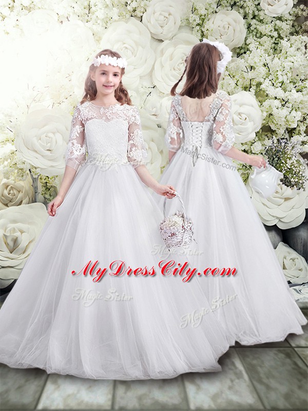 Modern Tulle Scoop Half Sleeves Brush Train Lace Up Lace Quinceanera Gown in White