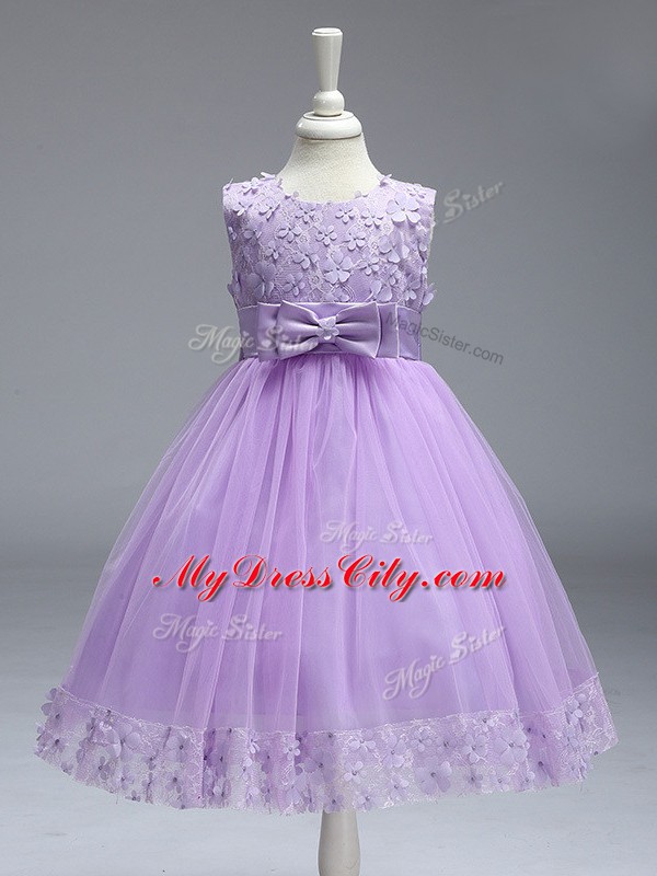 Stunning Lavender Scoop Neckline Lace and Bowknot Flower Girl Dresses for Less Sleeveless Zipper