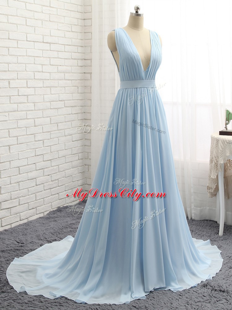 Fitting Light Blue Backless Dress for Prom Ruching and Belt Sleeveless Brush Train