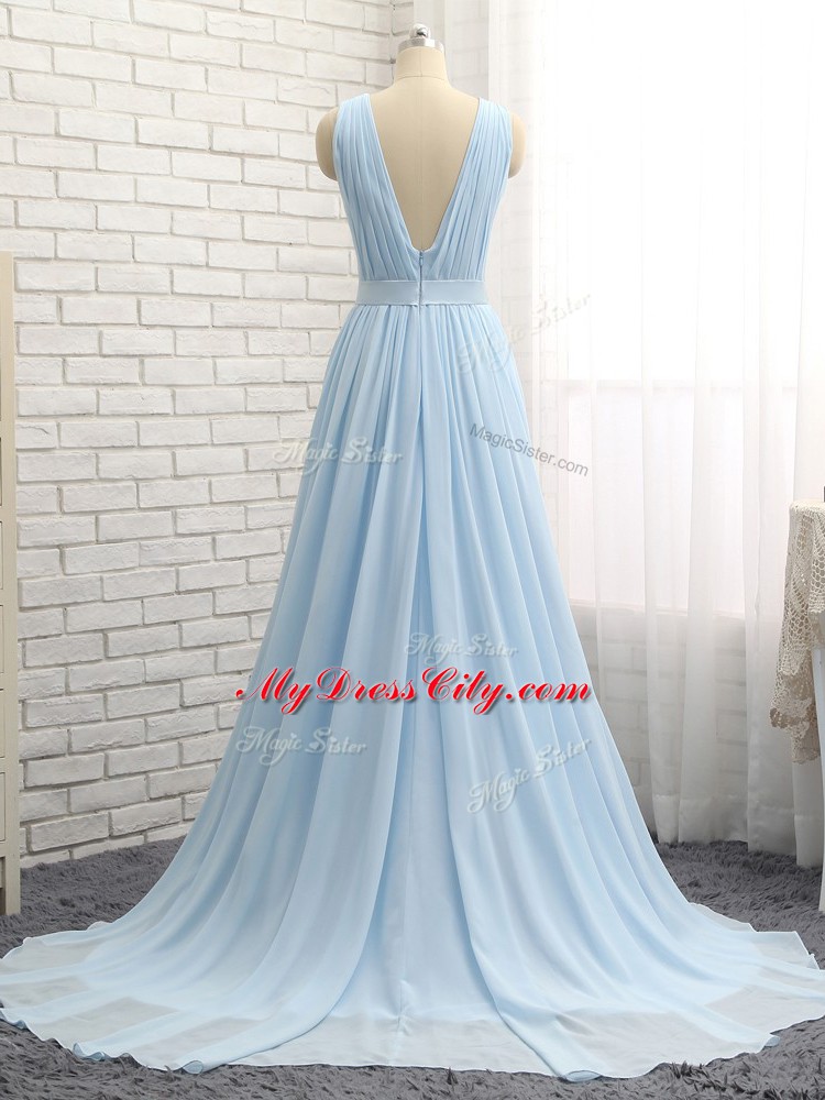 Fitting Light Blue Backless Dress for Prom Ruching and Belt Sleeveless Brush Train