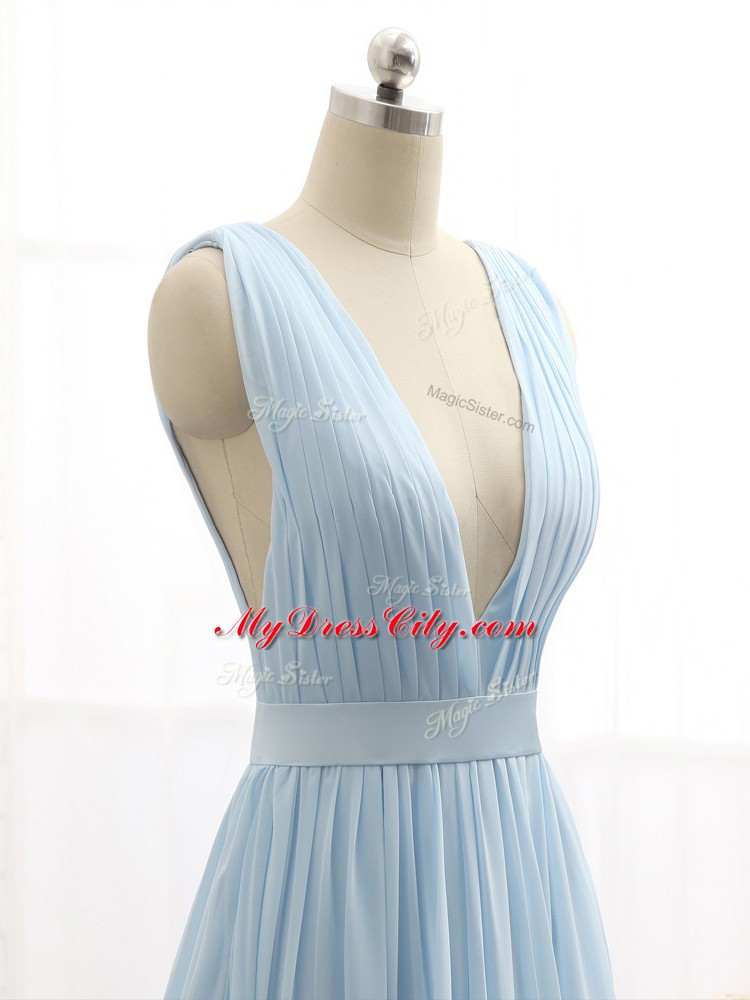 Fitting Light Blue Backless Dress for Prom Ruching and Belt Sleeveless Brush Train