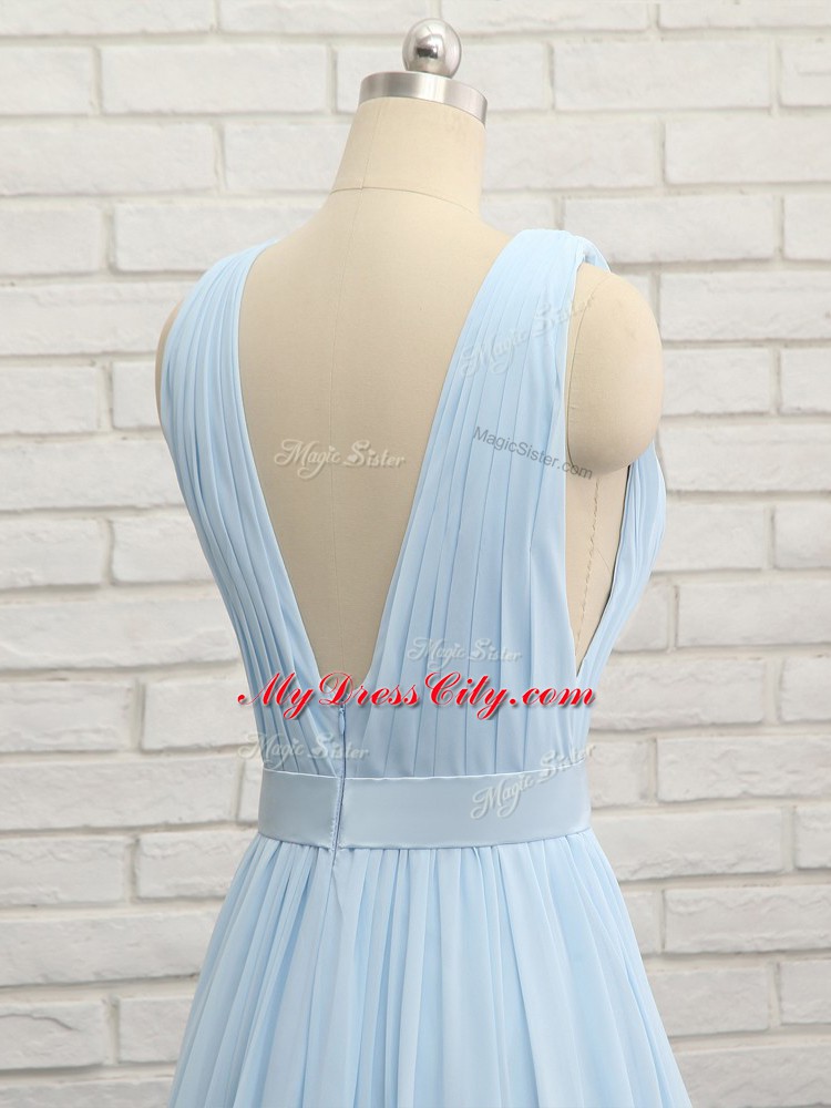 Fitting Light Blue Backless Dress for Prom Ruching and Belt Sleeveless Brush Train