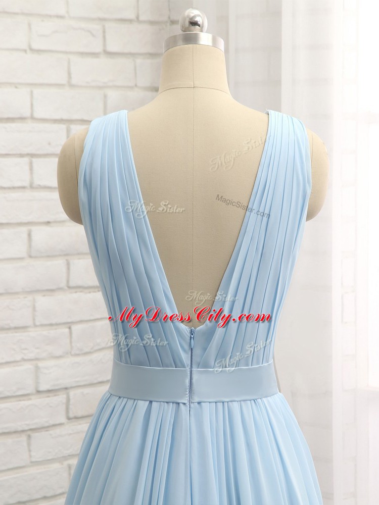 Fitting Light Blue Backless Dress for Prom Ruching and Belt Sleeveless Brush Train