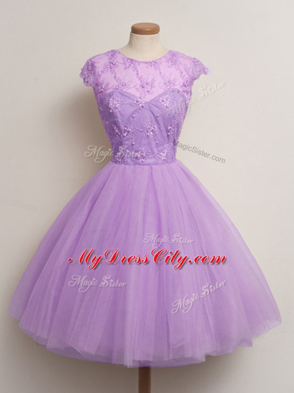 Cap Sleeves Tulle Knee Length Lace Up Bridesmaid Gown in Lilac with Lace