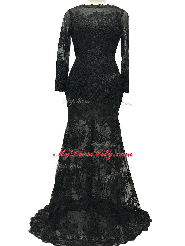 Amazing Black Long Sleeves Lace Brush Train Backless Mother of Bride Dresses for Prom and Party and Sweet 16