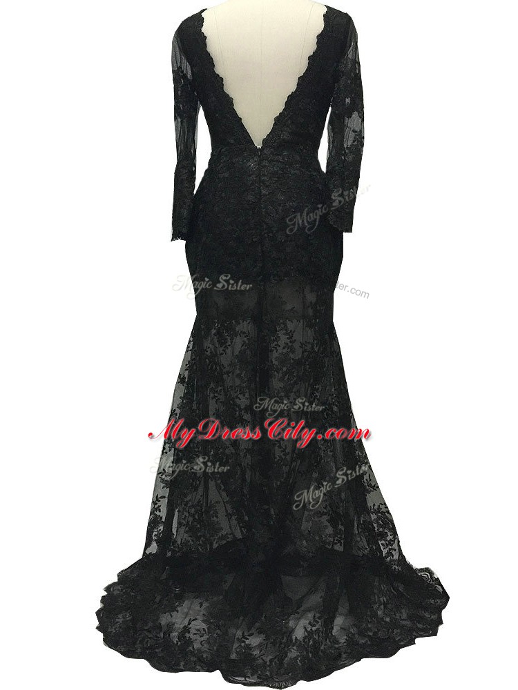 Amazing Black Long Sleeves Lace Brush Train Backless Mother of Bride Dresses for Prom and Party and Sweet 16