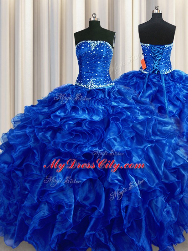 Floor Length Royal Blue Quinceanera Dresses Strapless Sleeveless Lace Up