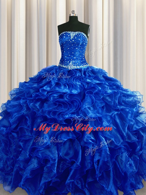 Floor Length Royal Blue Quinceanera Dresses Strapless Sleeveless Lace Up