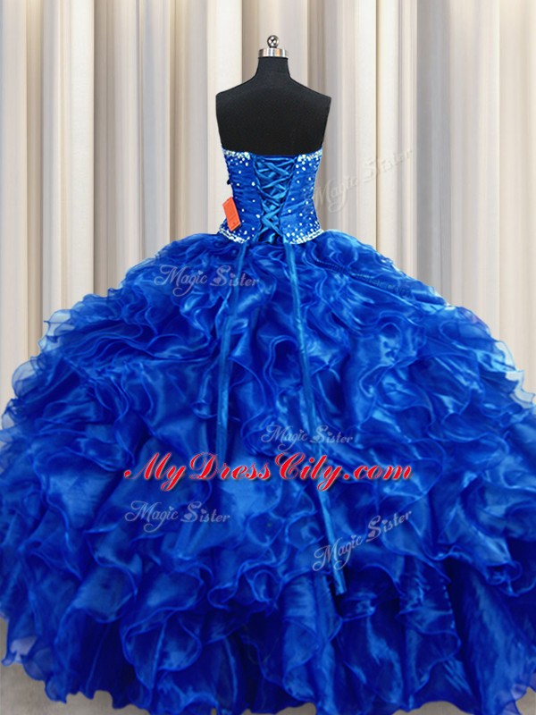 Floor Length Royal Blue Quinceanera Dresses Strapless Sleeveless Lace Up