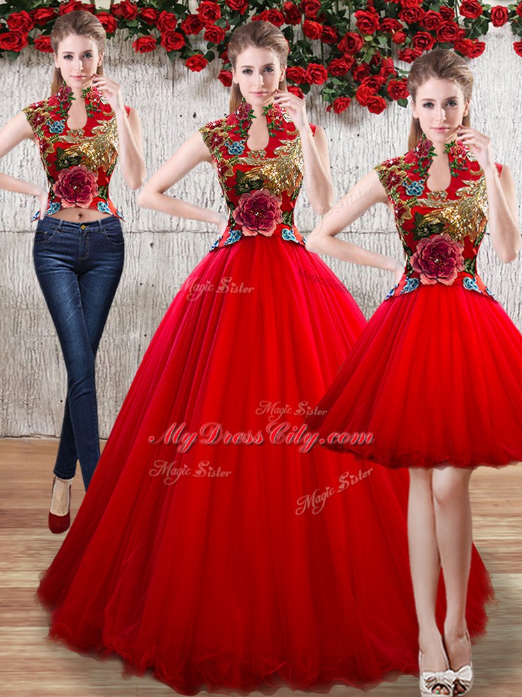 Colorful Sleeveless Organza Floor Length Lace Up Sweet 16 Dress in Red with Appliques